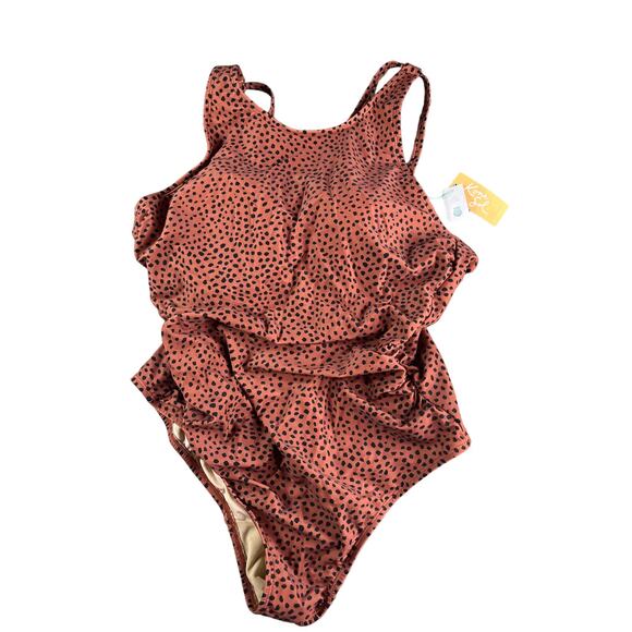 Kona Sol Swimsuit Women 20 (2XL) Brown Leopard High Neck Crisscross Back NWT - Picture 1 of 10